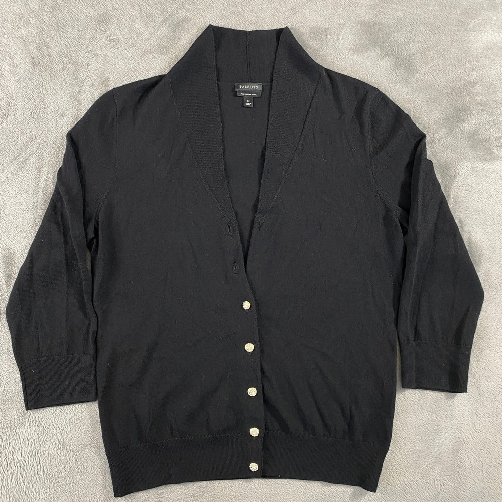 Talbots Cardigan Womens M Black Pure Merino Wool Shawl Collar Rhinestone Button
